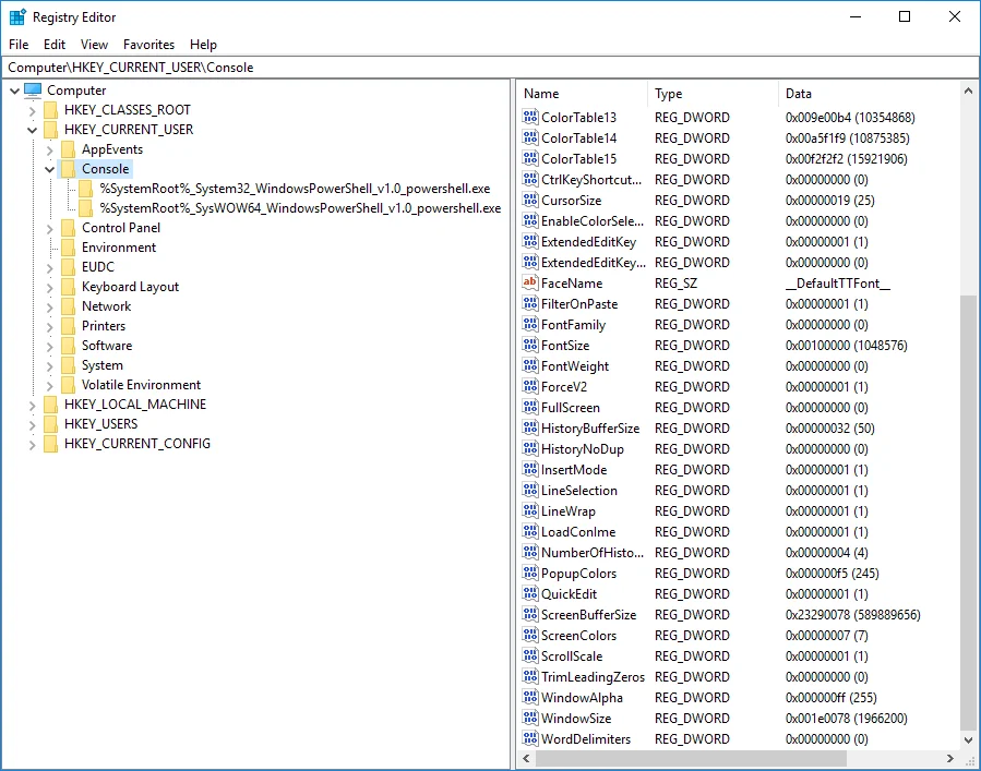 注册表中的控制台设置键值